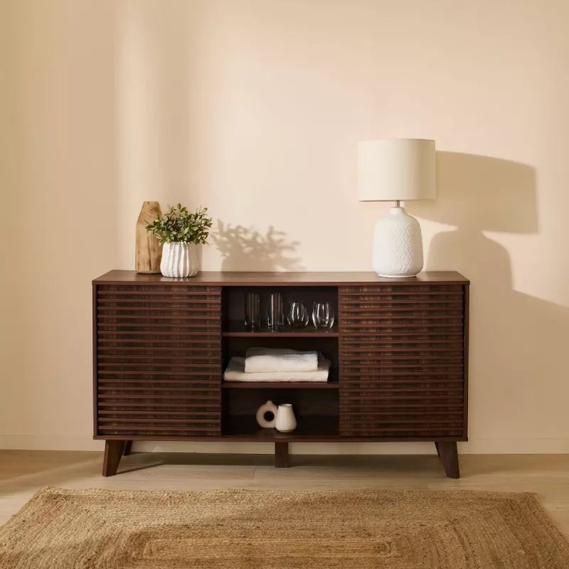 Buffet 2 portes coulissantes façades effet bois rainuré L140 cm FRATTEL