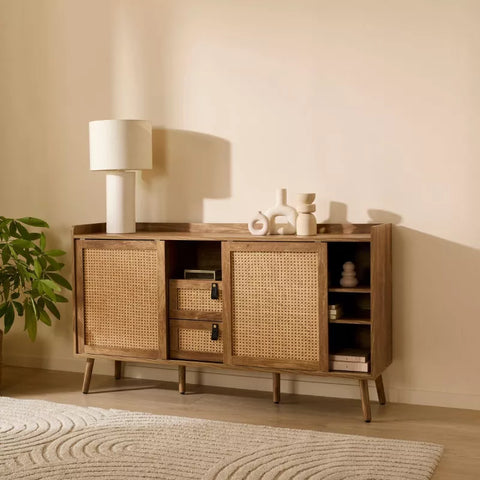 Buffet 2 portes et 2 tiroirs avec façades en rotin L140 cm PALERM