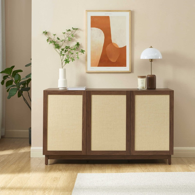 Buffet 3 portes décor noyer avec façades en rotin L140