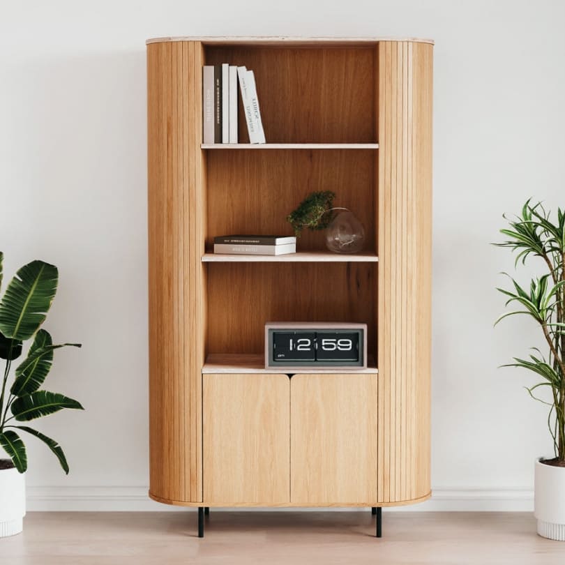 Buffet haut 2 portes 3 niches effet Chêne et Travertin 100 cm