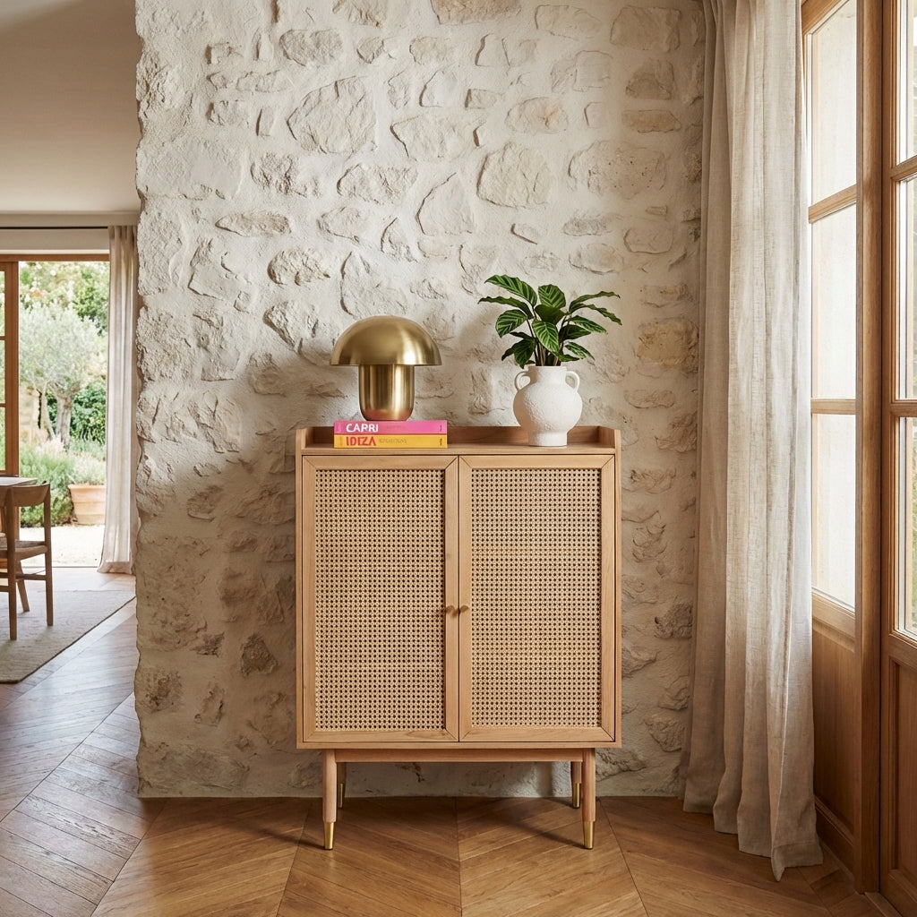 Buffet haut placage chêne et cannage rotin 90 cm