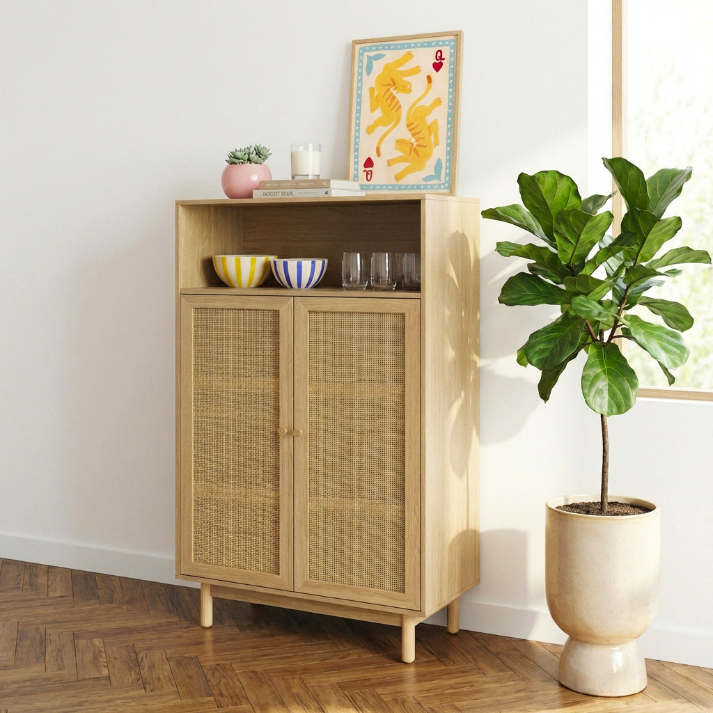 Buffet effet chêne et cannage rotin 2 portes 80 cm