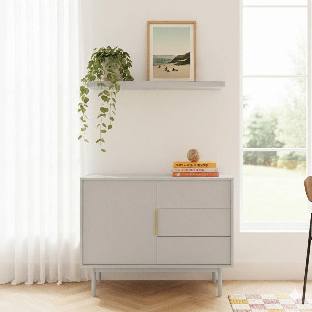 Buffet coloris cachemire 1 porte 3 tiroirs 104 cm