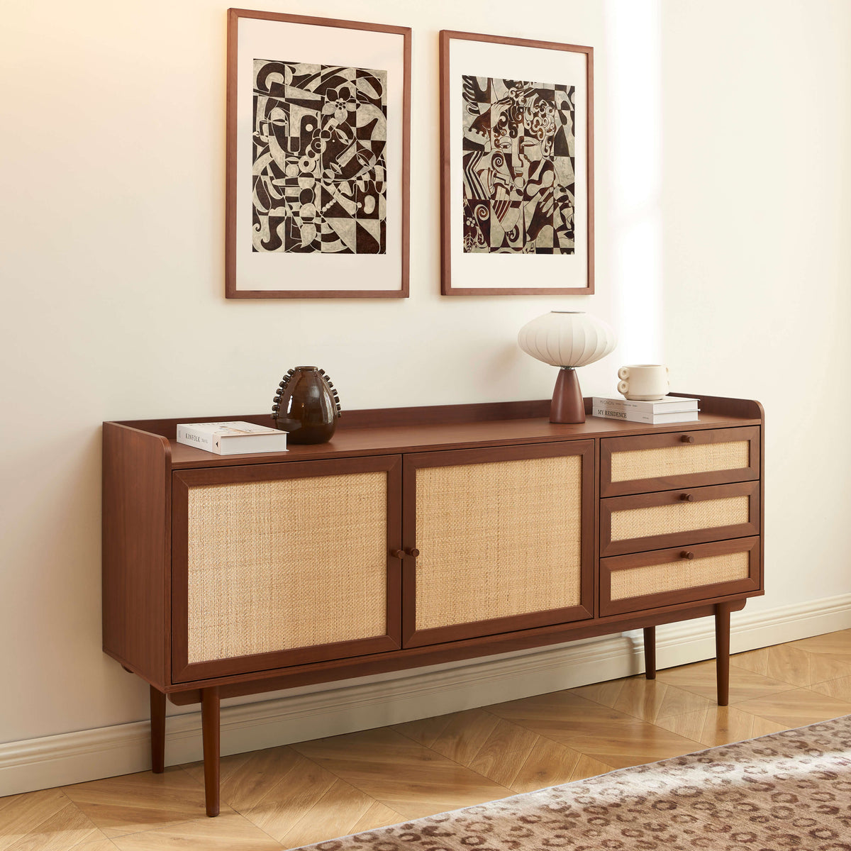 Buffet noyer et cannage 2 portes 3 tiroirs 180 cm
