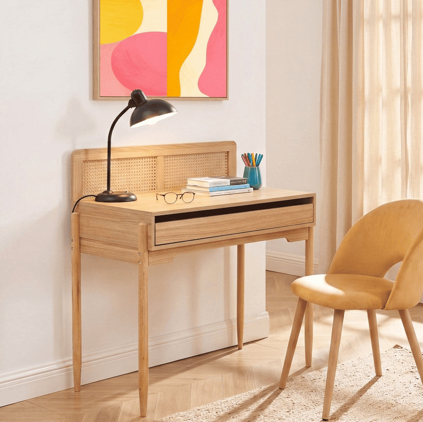 Bureau enfant cannage rotin et effet bois 95 cm
