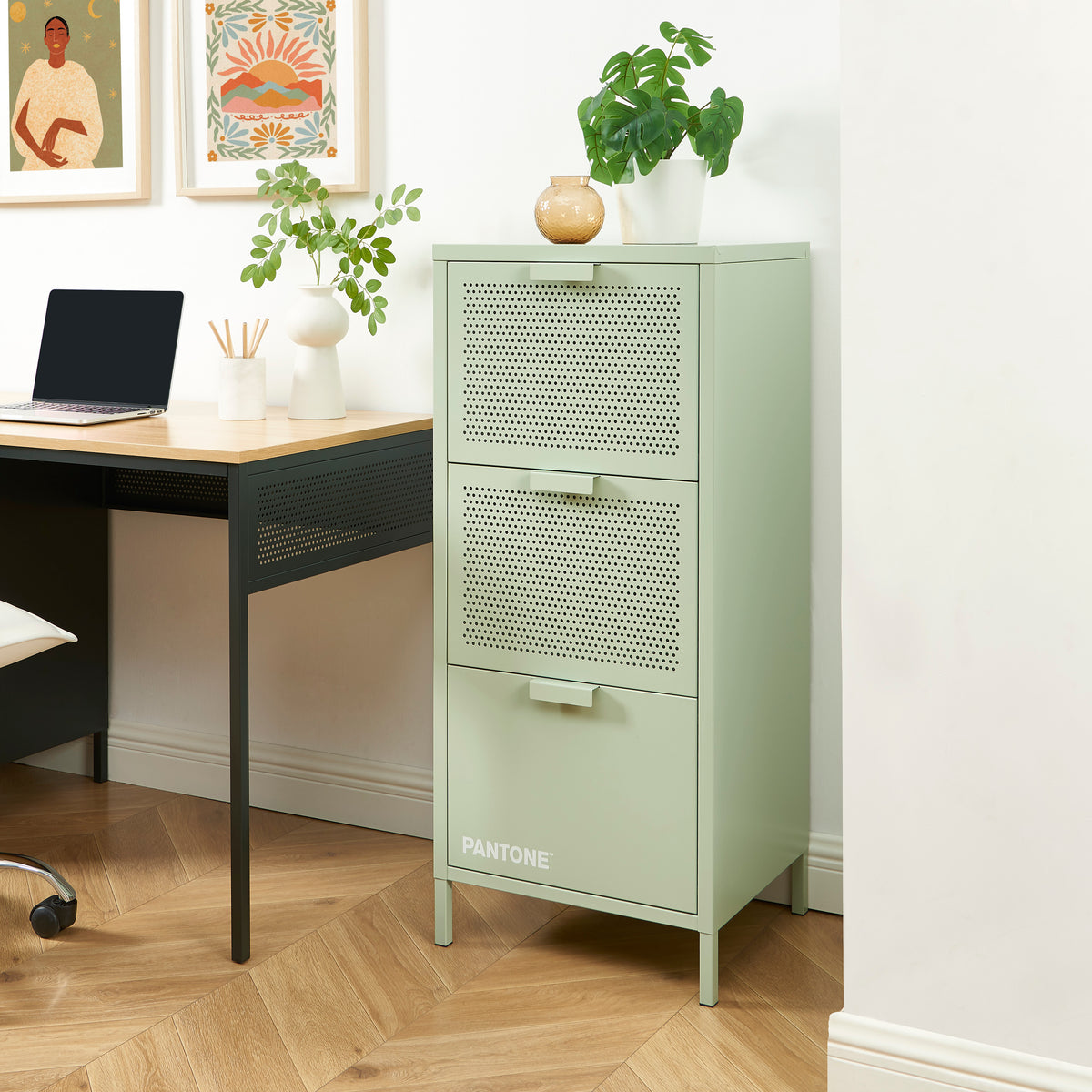Caisson de bureau métal vert amande 3 tiroirs H105 cm