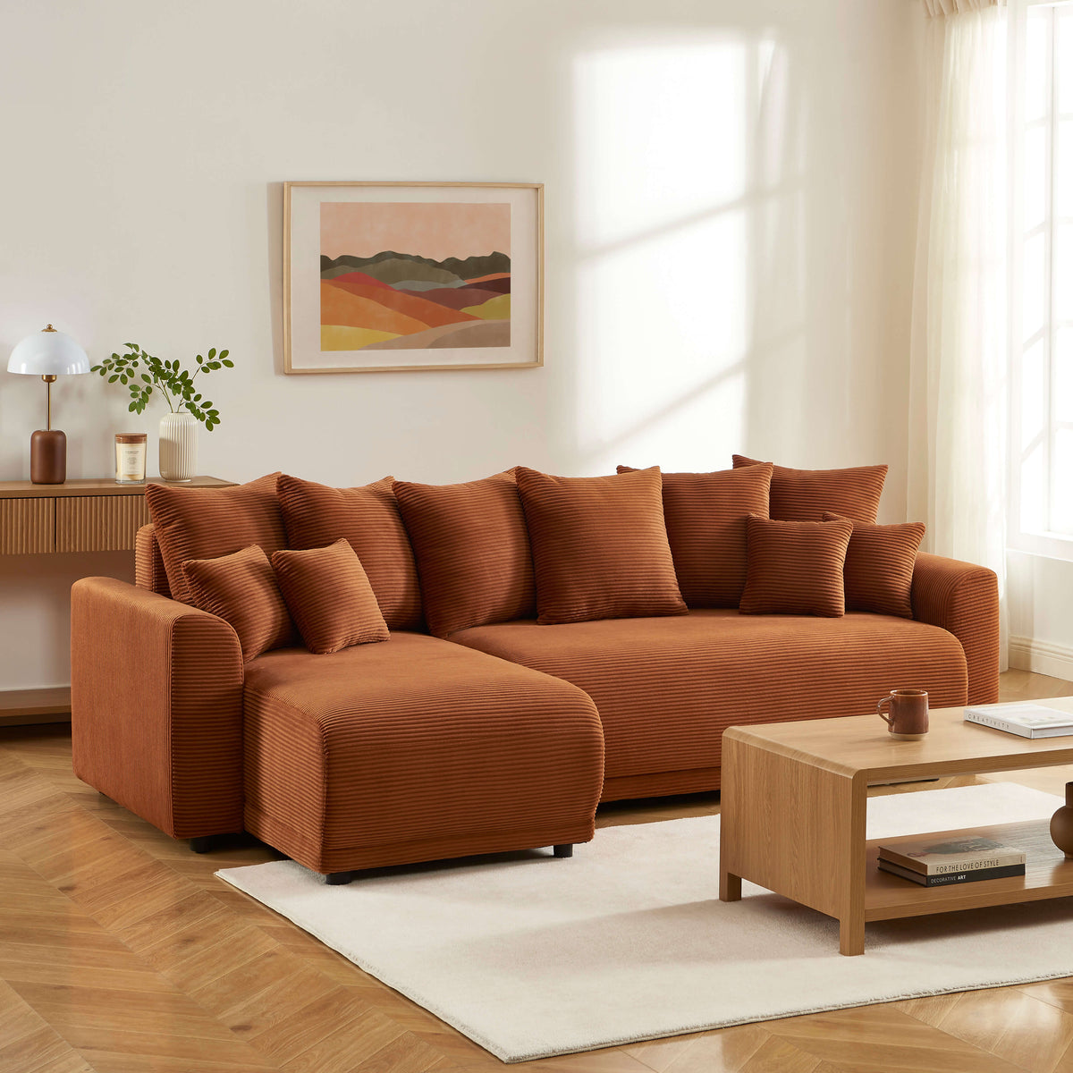 Canapé d'angle convertible et réversible 4 places velours côtelé terracotta L250