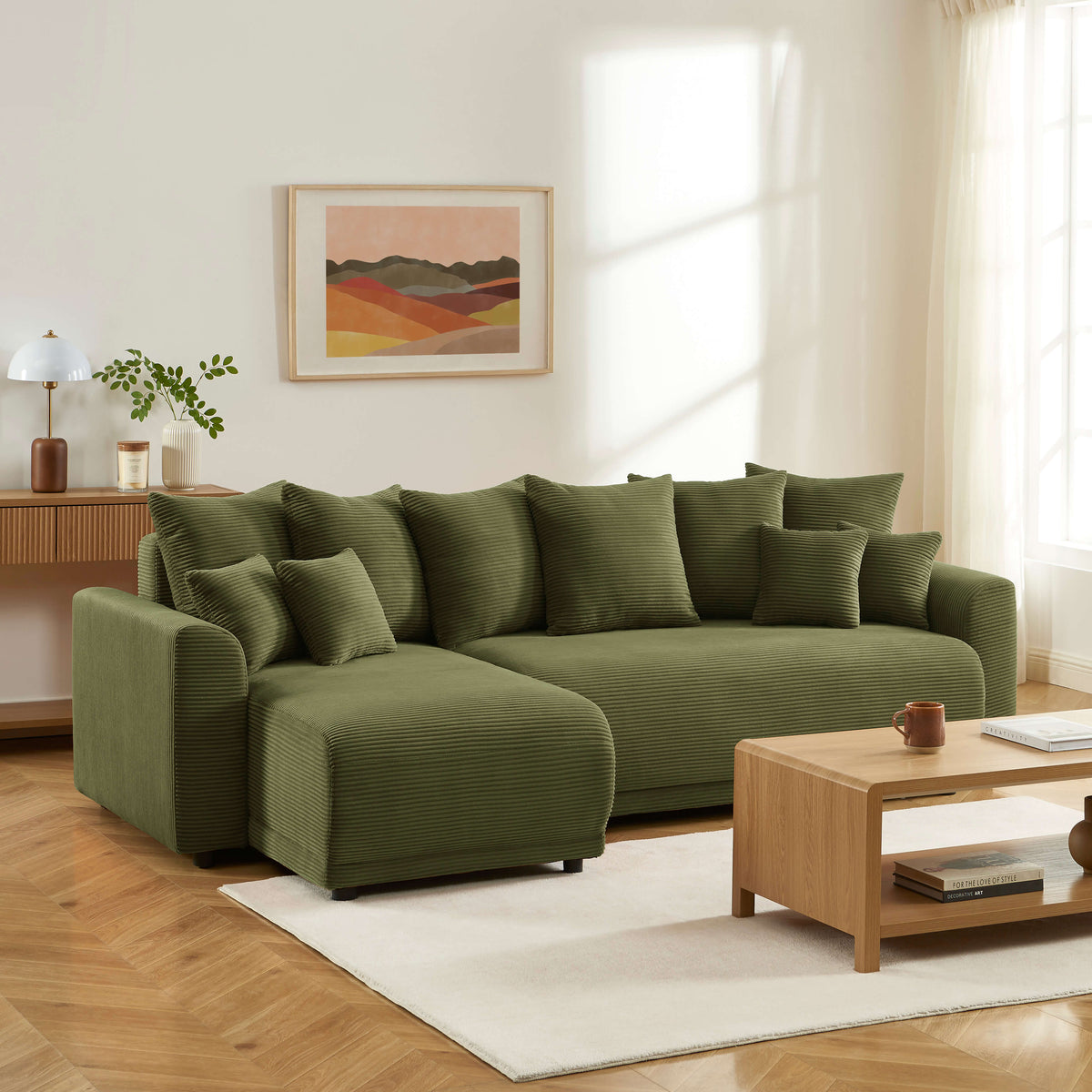 Canapé d'angle convertible et réversible 4 places velours côtelé vert L250