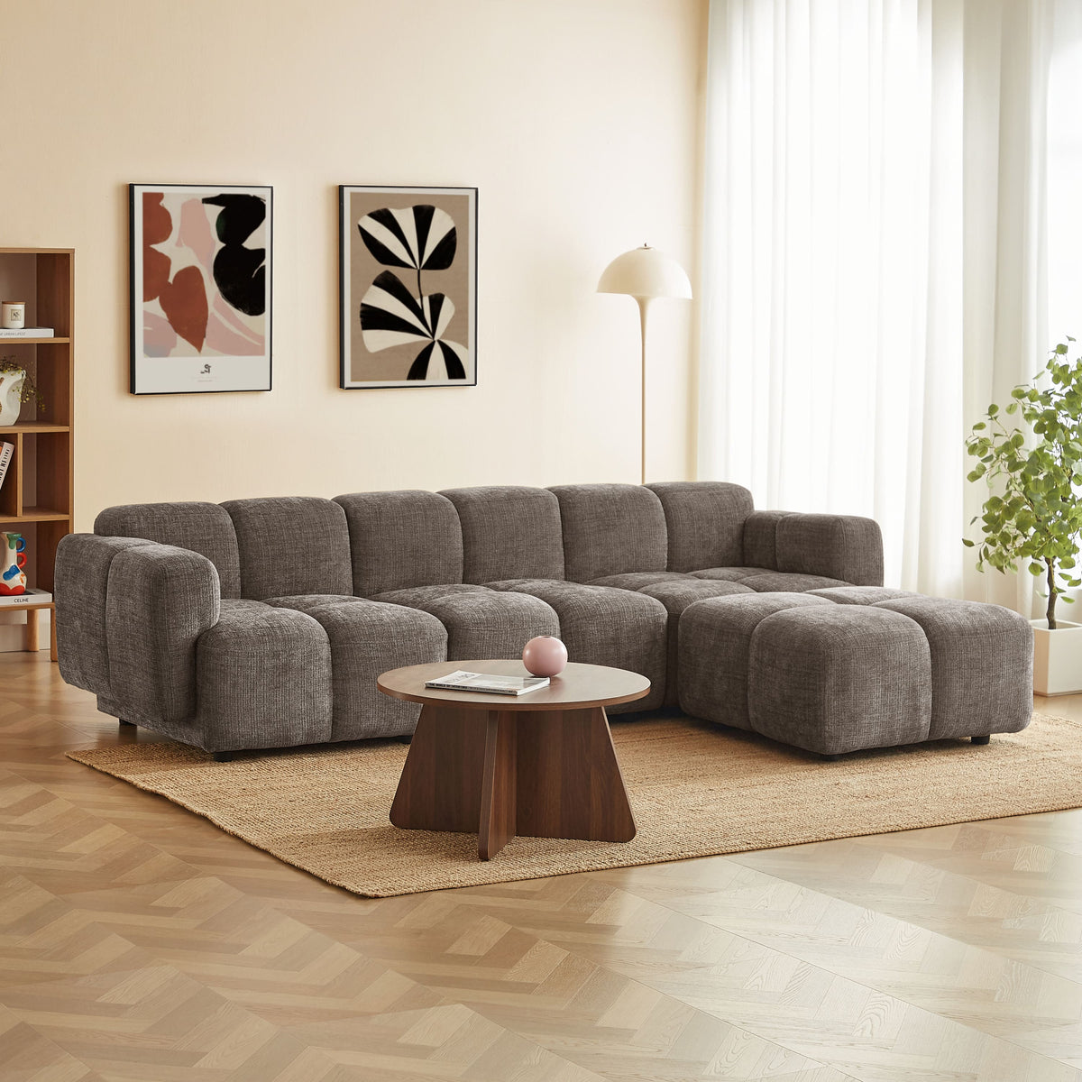 Canapé d'angle modulable 4 places tissu velours texturé marron