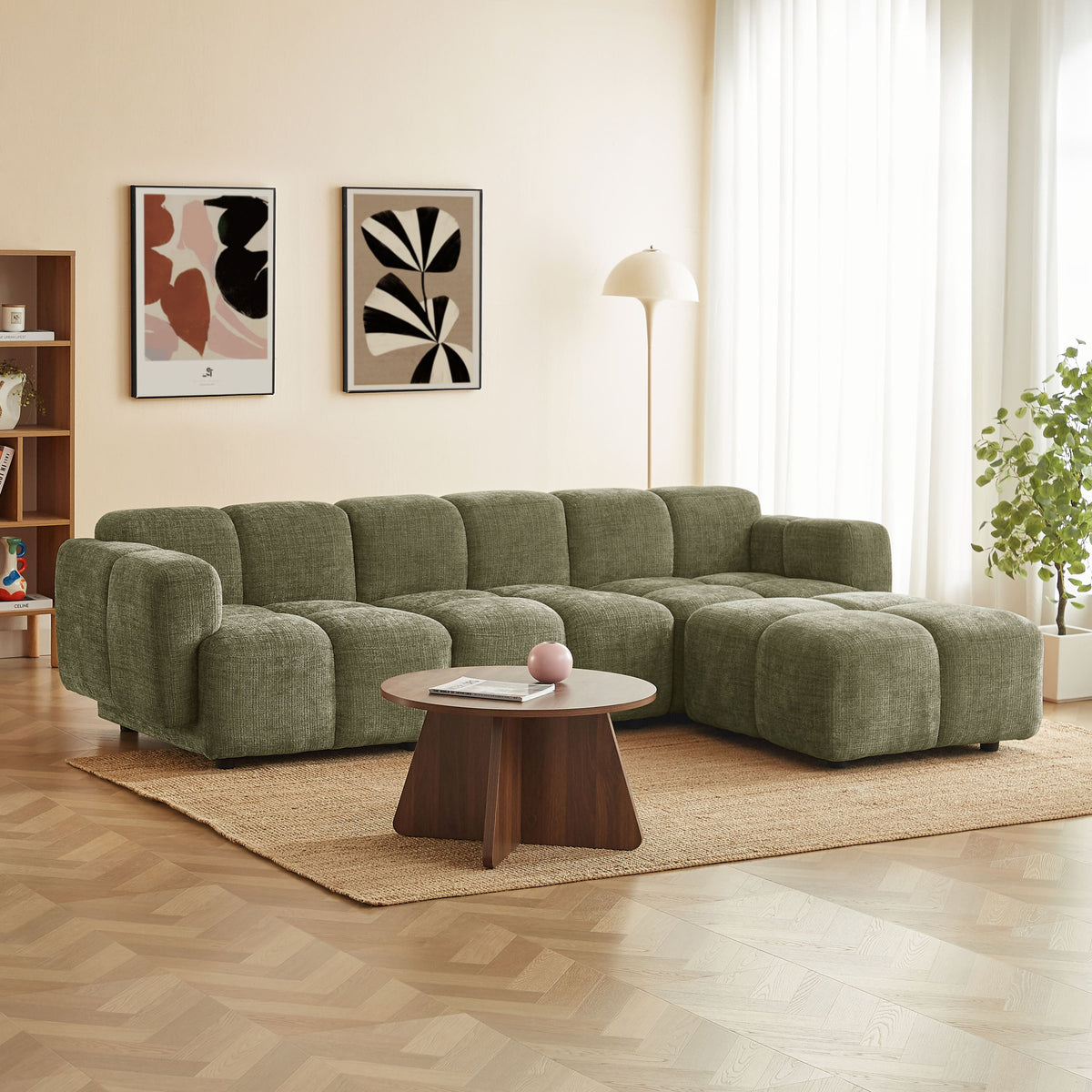 Canapé d'angle modulable 4 places tissu velours texturé vert