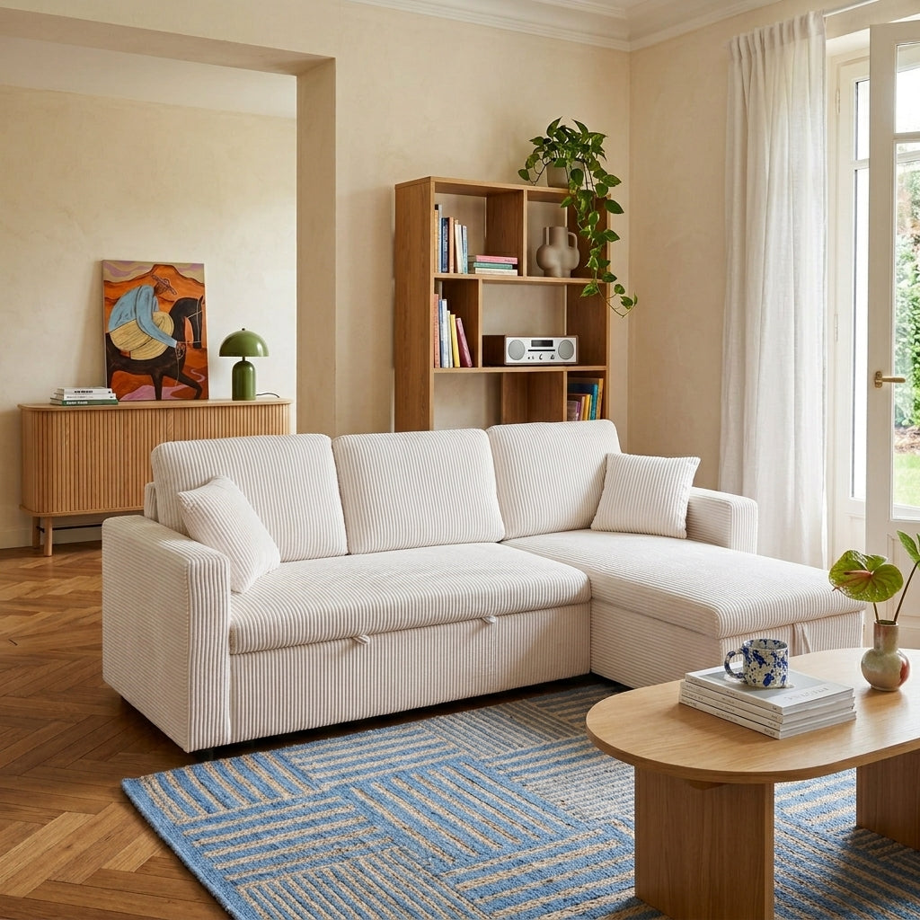 Canapé d'angle convertible et réversible 4 places velours côtelé beige L225