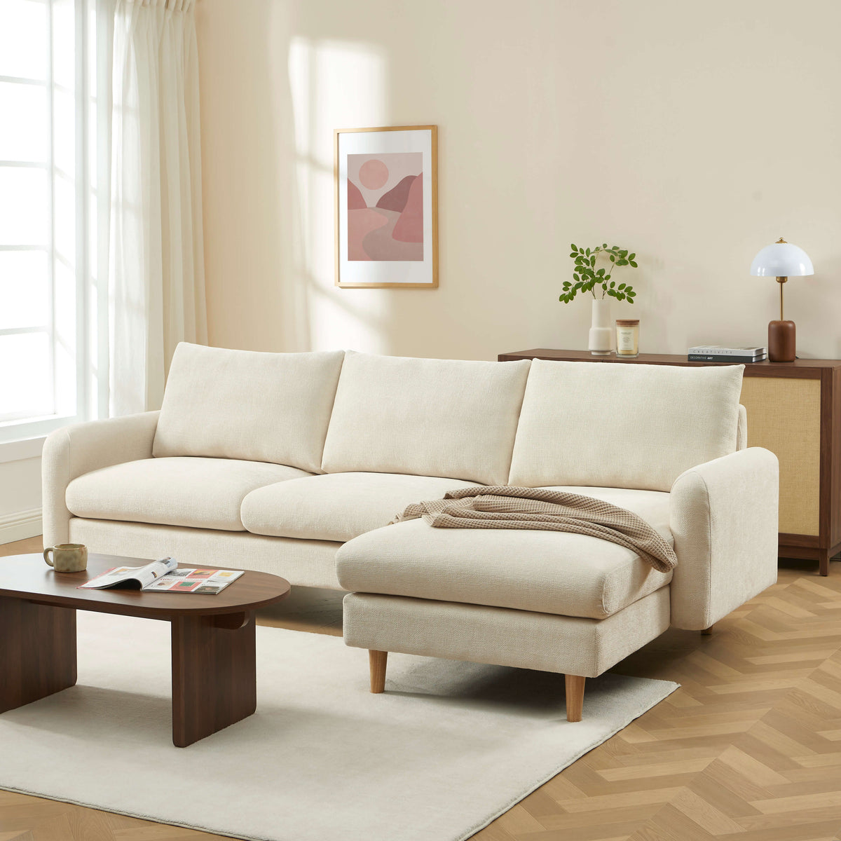 Canapé d'angle réversible fixe 4 places tissu chenille beige