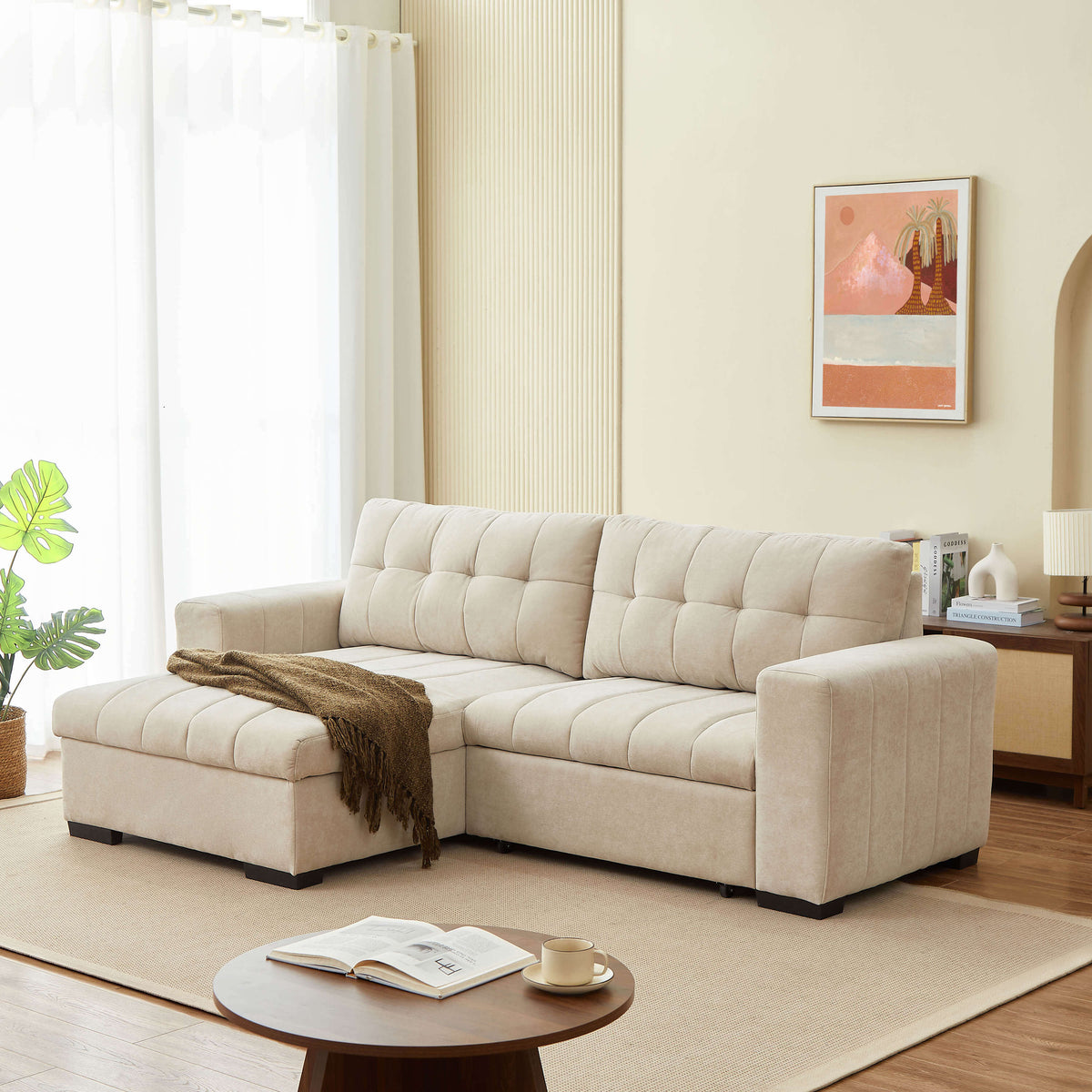 Canapé d'angle convertible réversible 4 places tissu beige