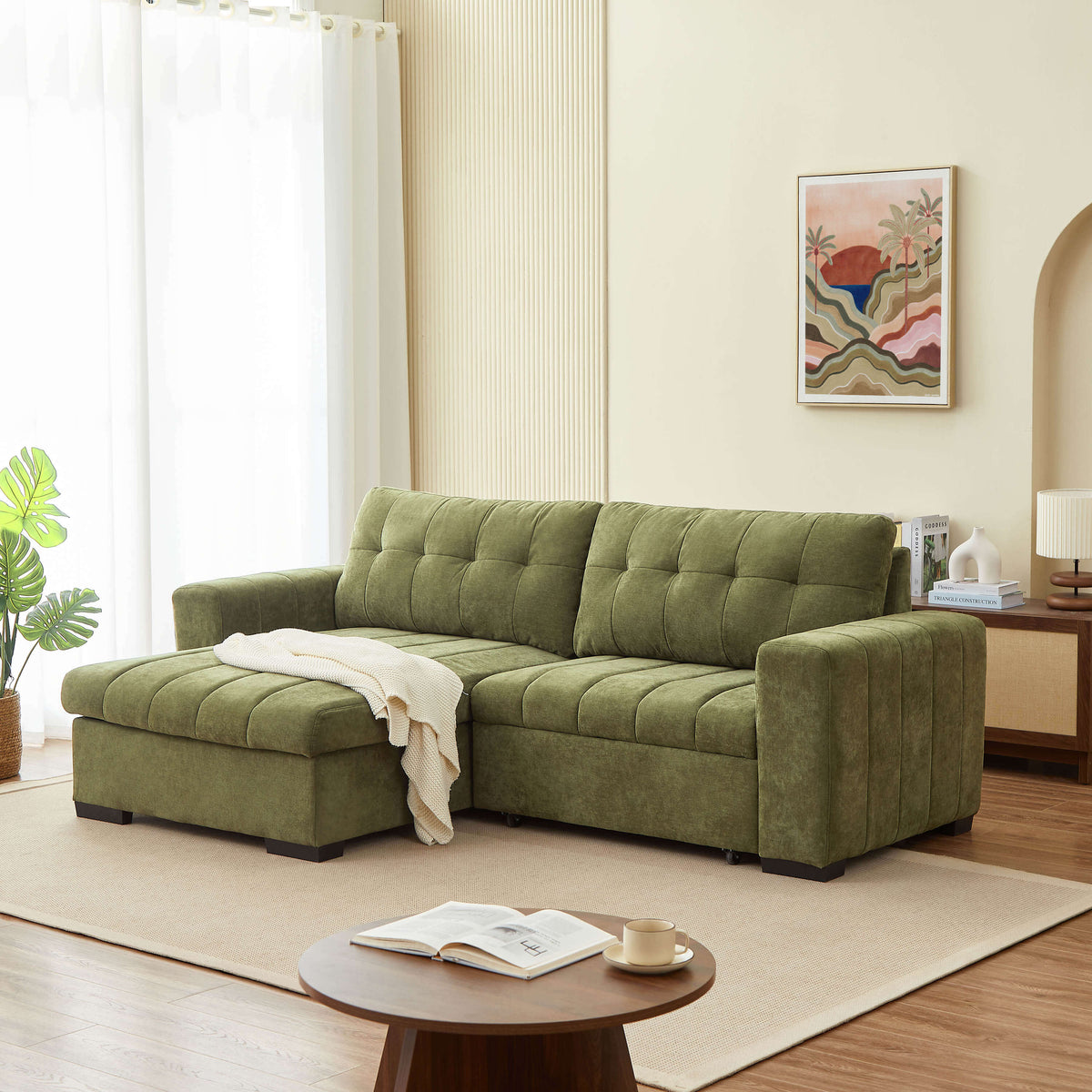 Canapé d'angle convertible réversible 4 places tissu vert