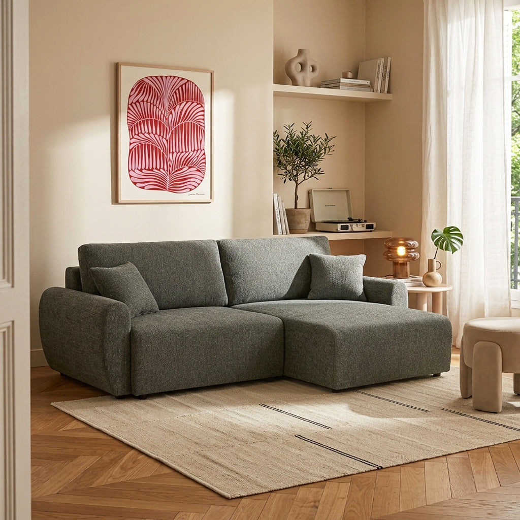 Canapé d'angle convertible et réversible 4 places tissu chenille vert