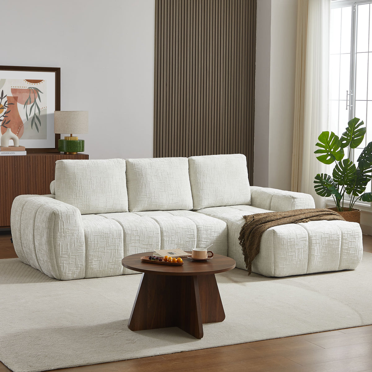 Canapé d'angle droit compressé 4 places tissu beige