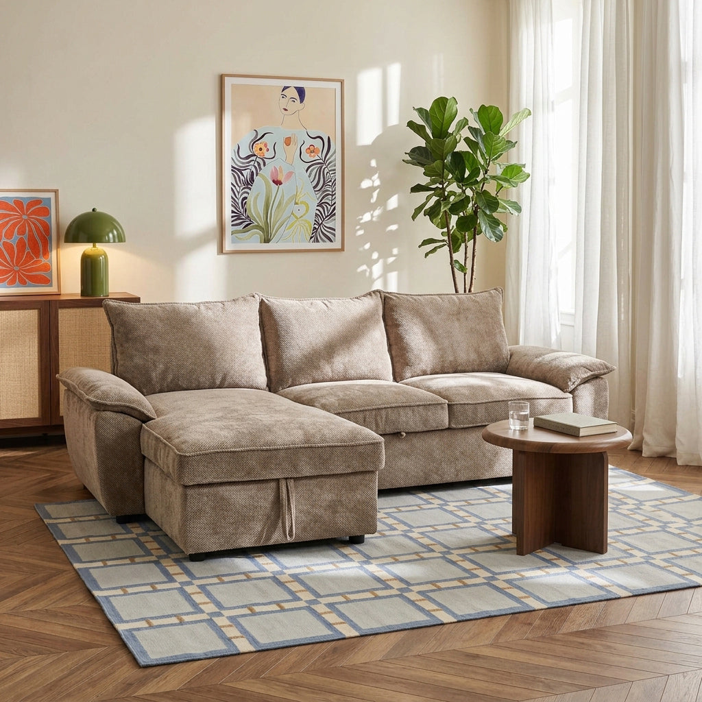 Canapé d'angle gauche convertible 4 places tissu chenille tramé taupe