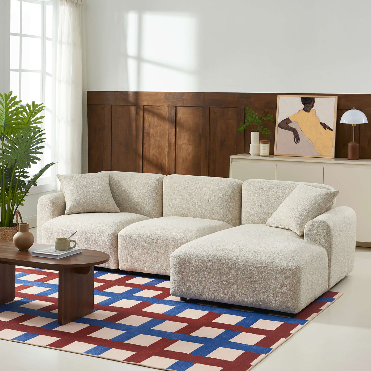 Canapé d'angle droit fixe 4 places tissu chenille tramé beige