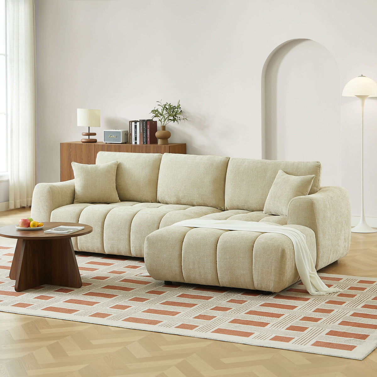 Canapé d'angle droit fixe 4 places tissu chenille taupe