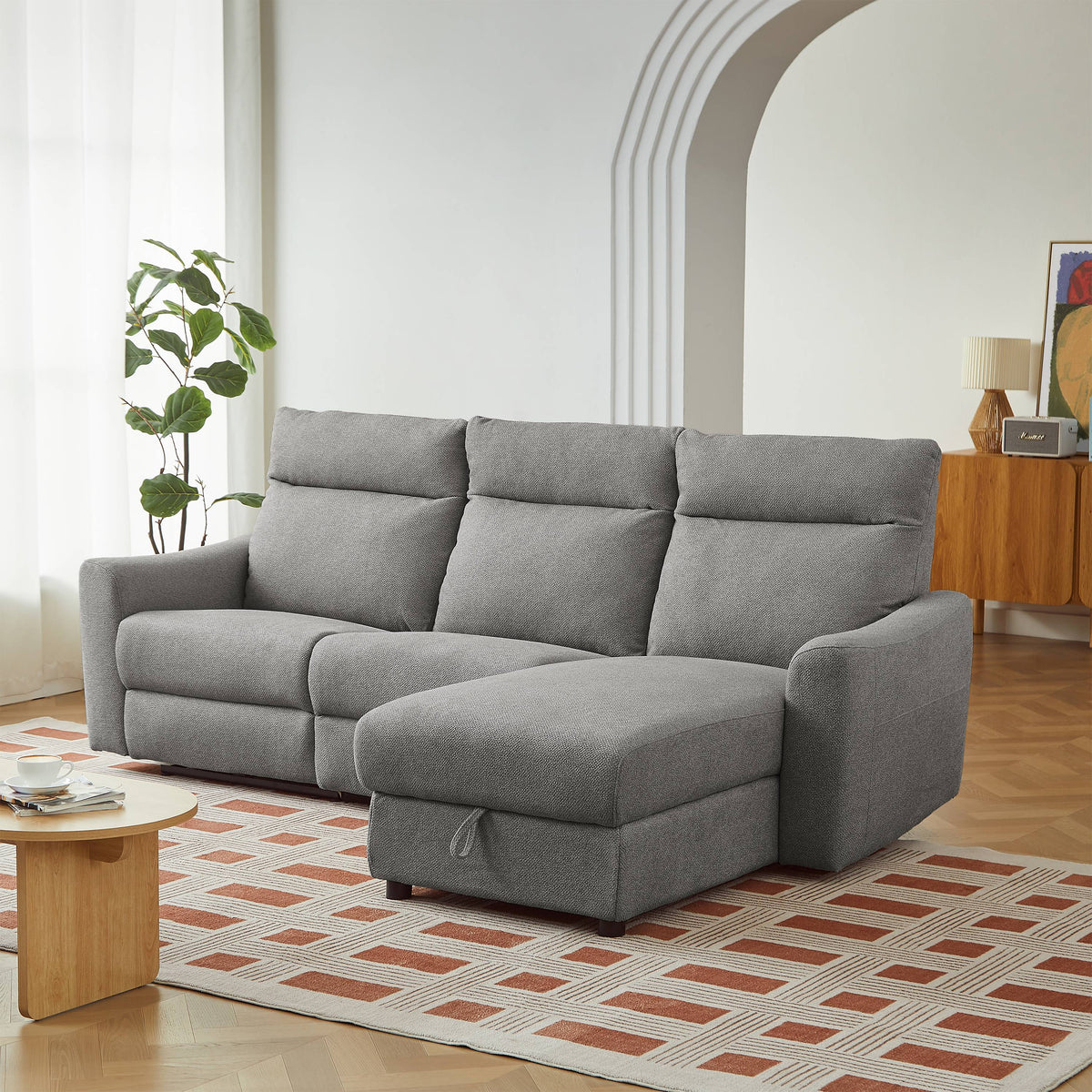Canapé d'angle droit relax électrique 4 places tissu chenille gris clair