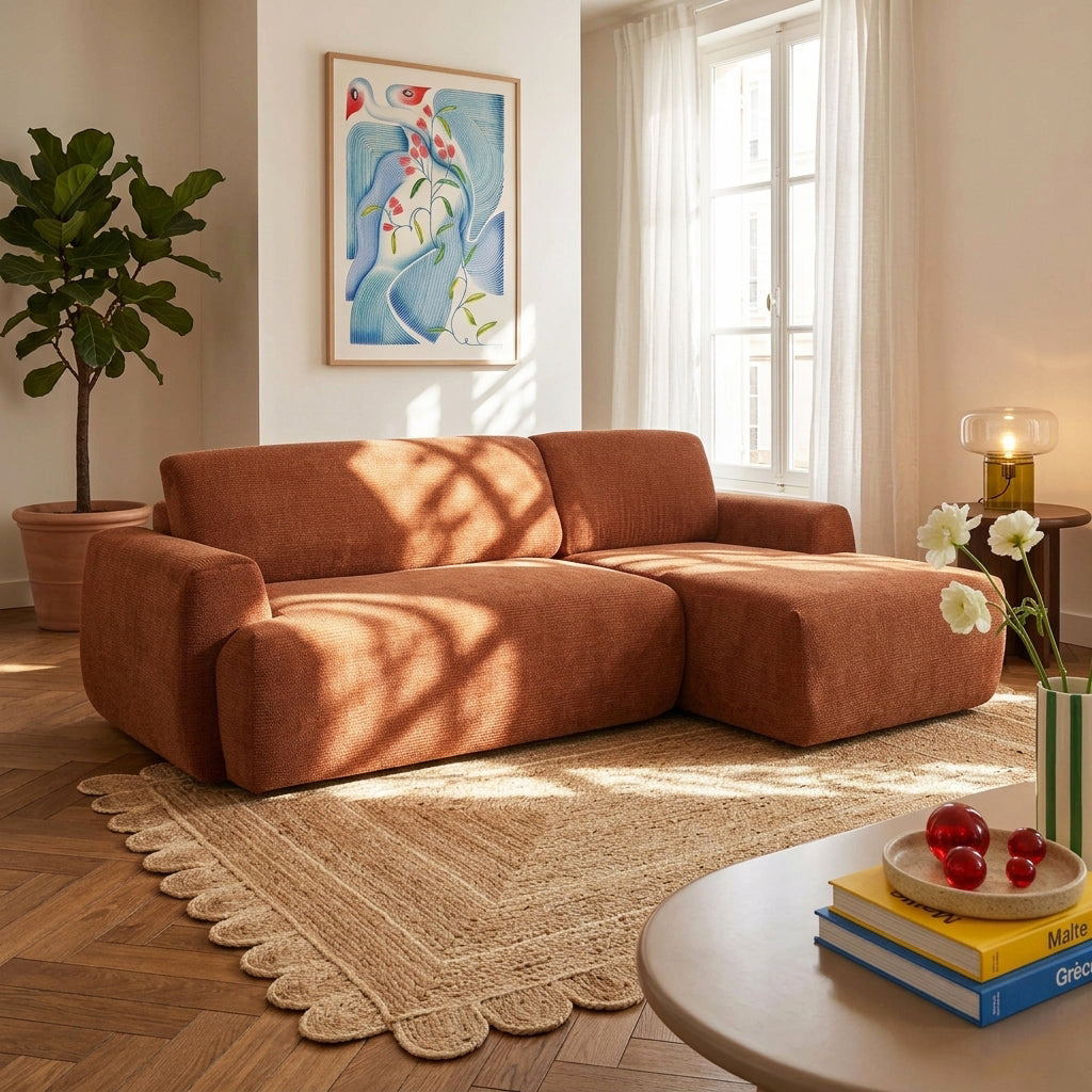 Canapé d'angle droit compressé 4 places tissu chenille terracotta