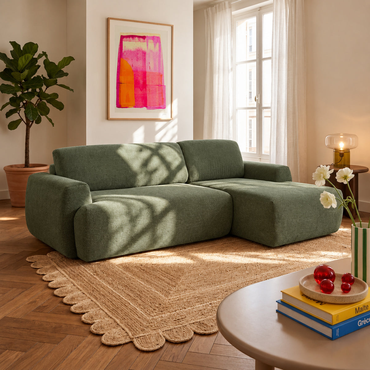 Canapé d'angle droit compressé 4 places tissu chenille vert L260