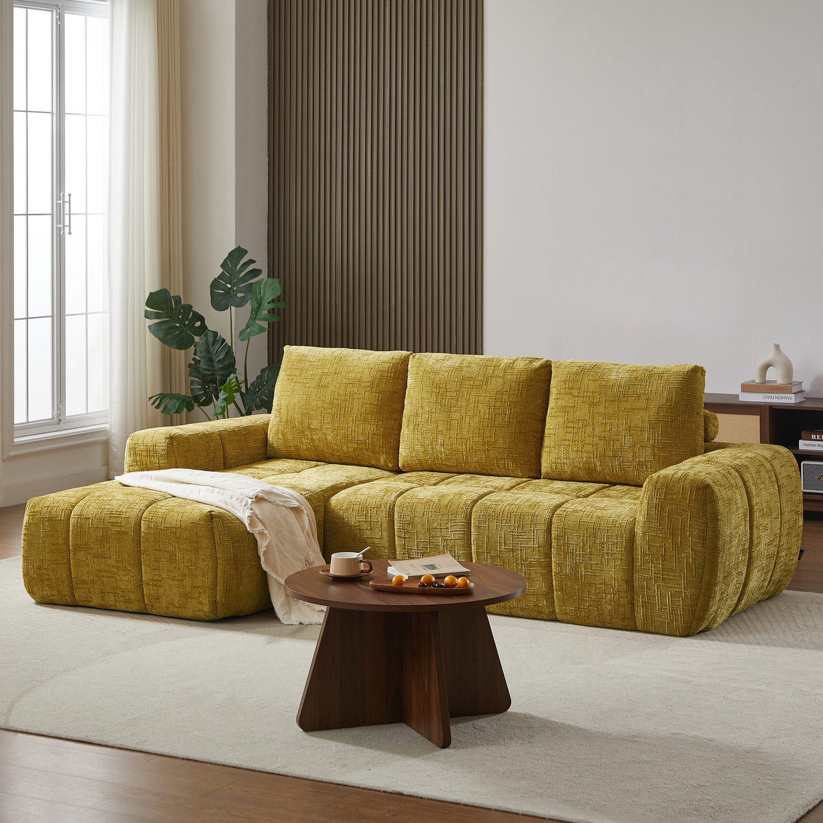Canapé d'angle gauche compressé 4 places tissu jaune moutarde