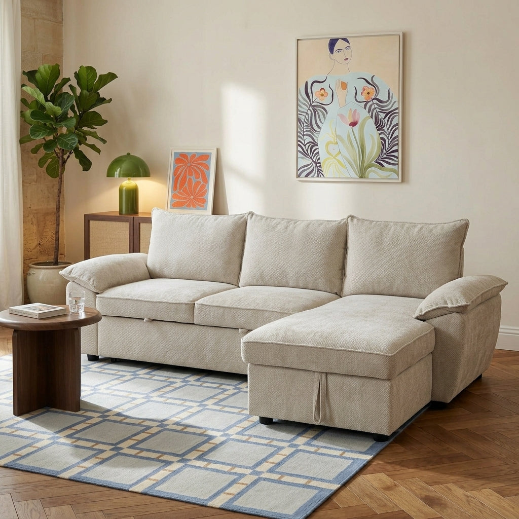 Canapé d'angle droit convertible 4 places tissu chenille tramé beige