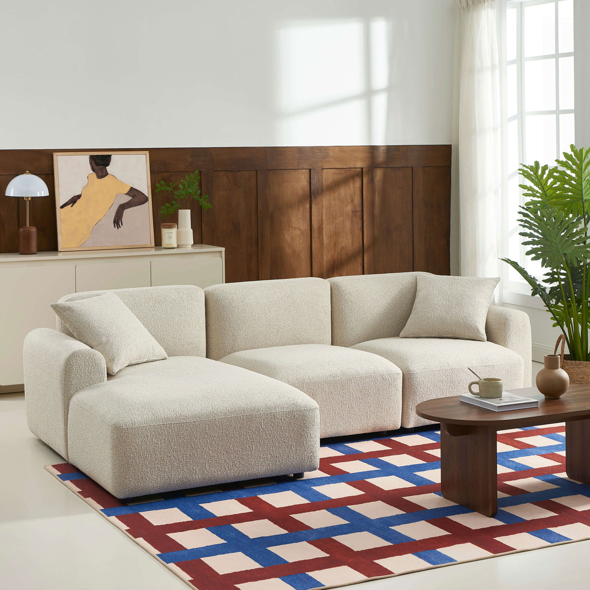 Canapé d'angle gauche fixe 4 places tissu chenille tramé beige