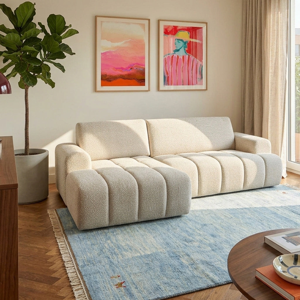 Canapé d'angle gauche compressé 4 places tissu chenille crème