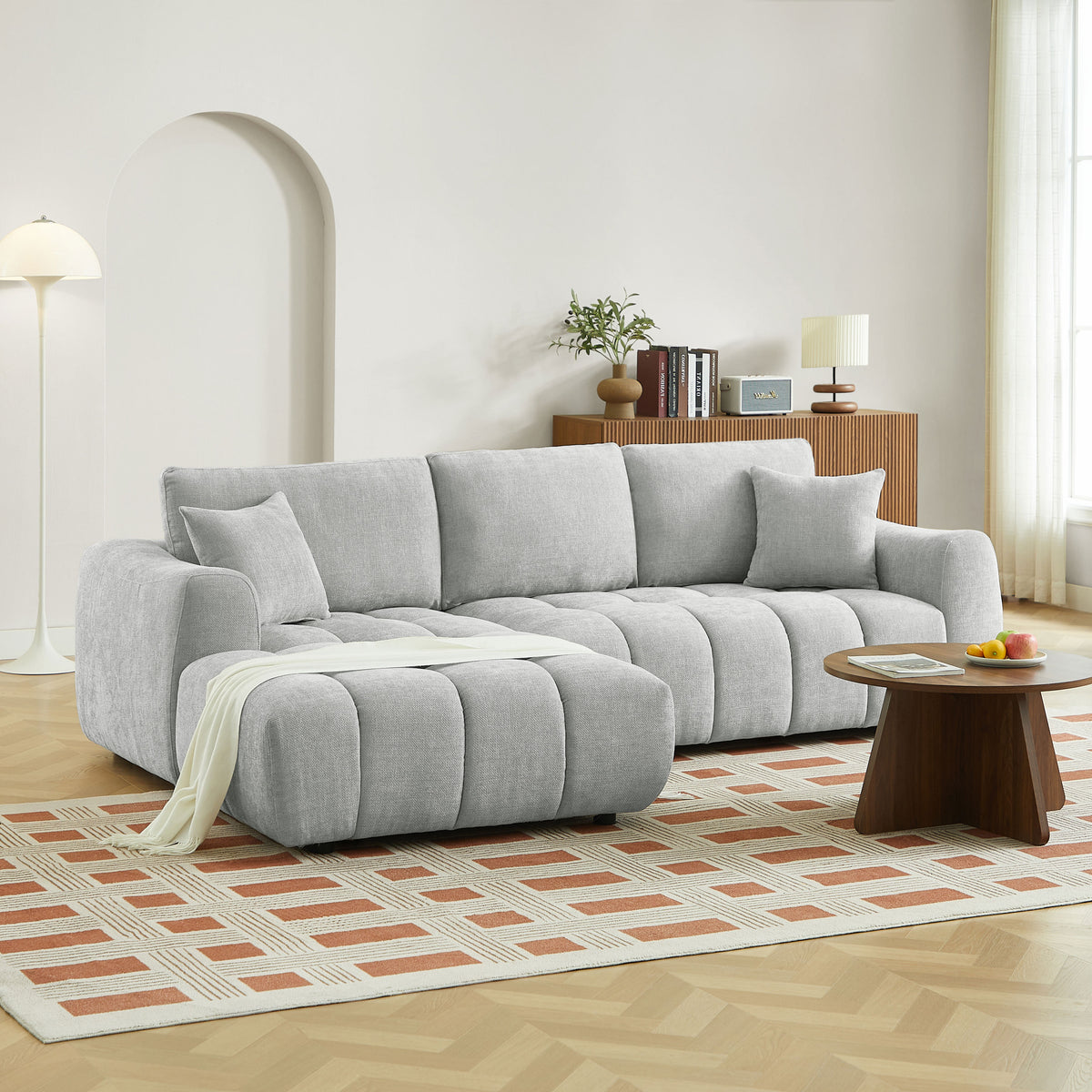 Canapé d'angle gauche fixe 4 places tissu chenille gris