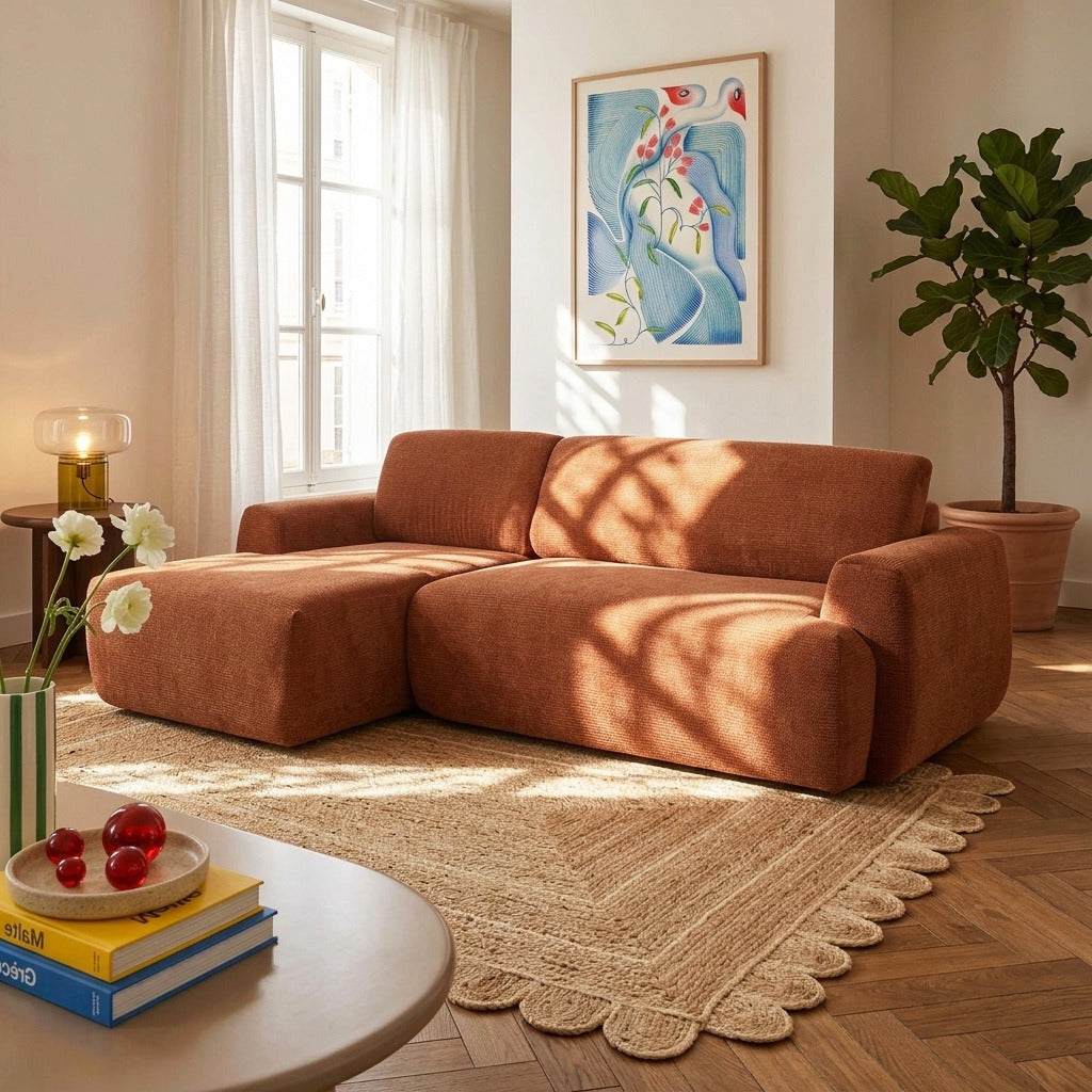 Canapé d'angle gauche compressé 4 places tissu chenille terracotta