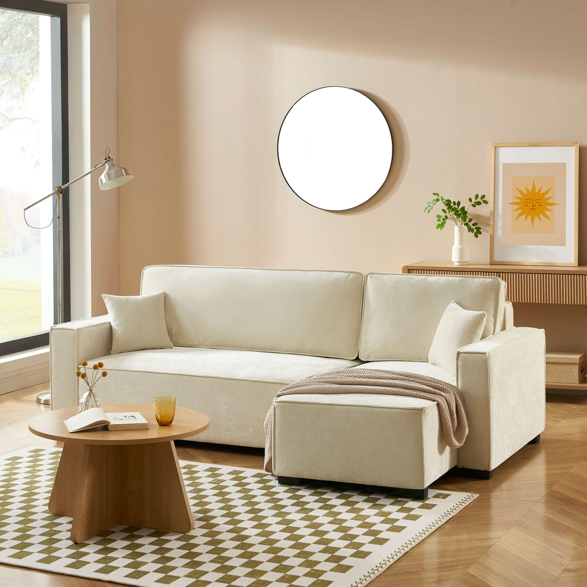 Canapé d'angle convertible et réversible 4 places tissu beige L233