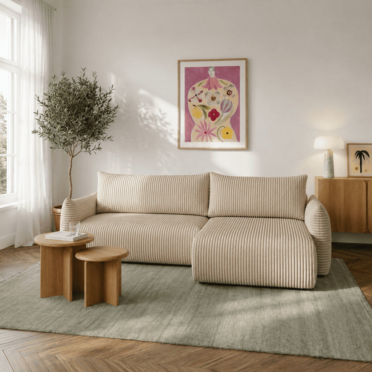 Canapé d'angle convertible et réversible 4 places velours côtelé beige L260