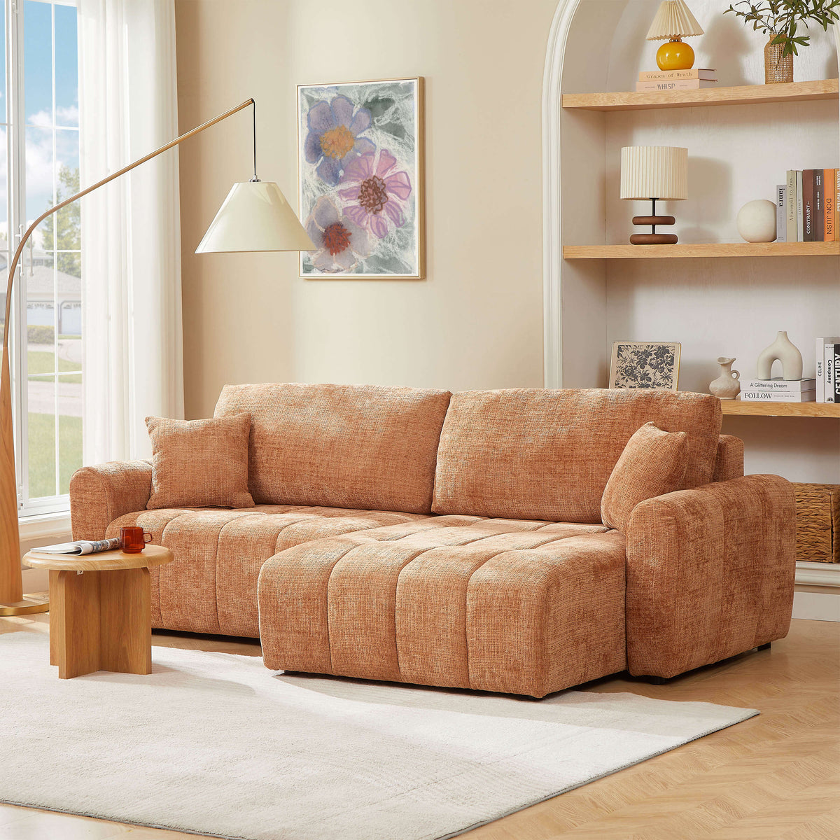 Canapé d'angle convertible et réversible 4 places tissu texturé terracotta