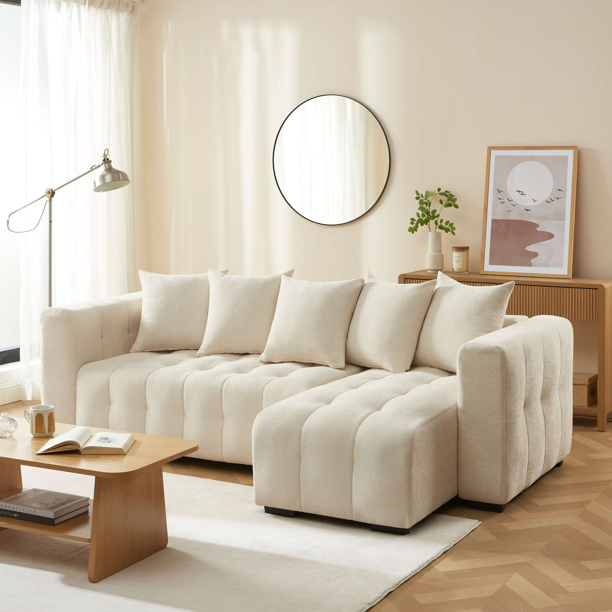 Canapé d'angle convertible et réversible 4 places tissu beige L250