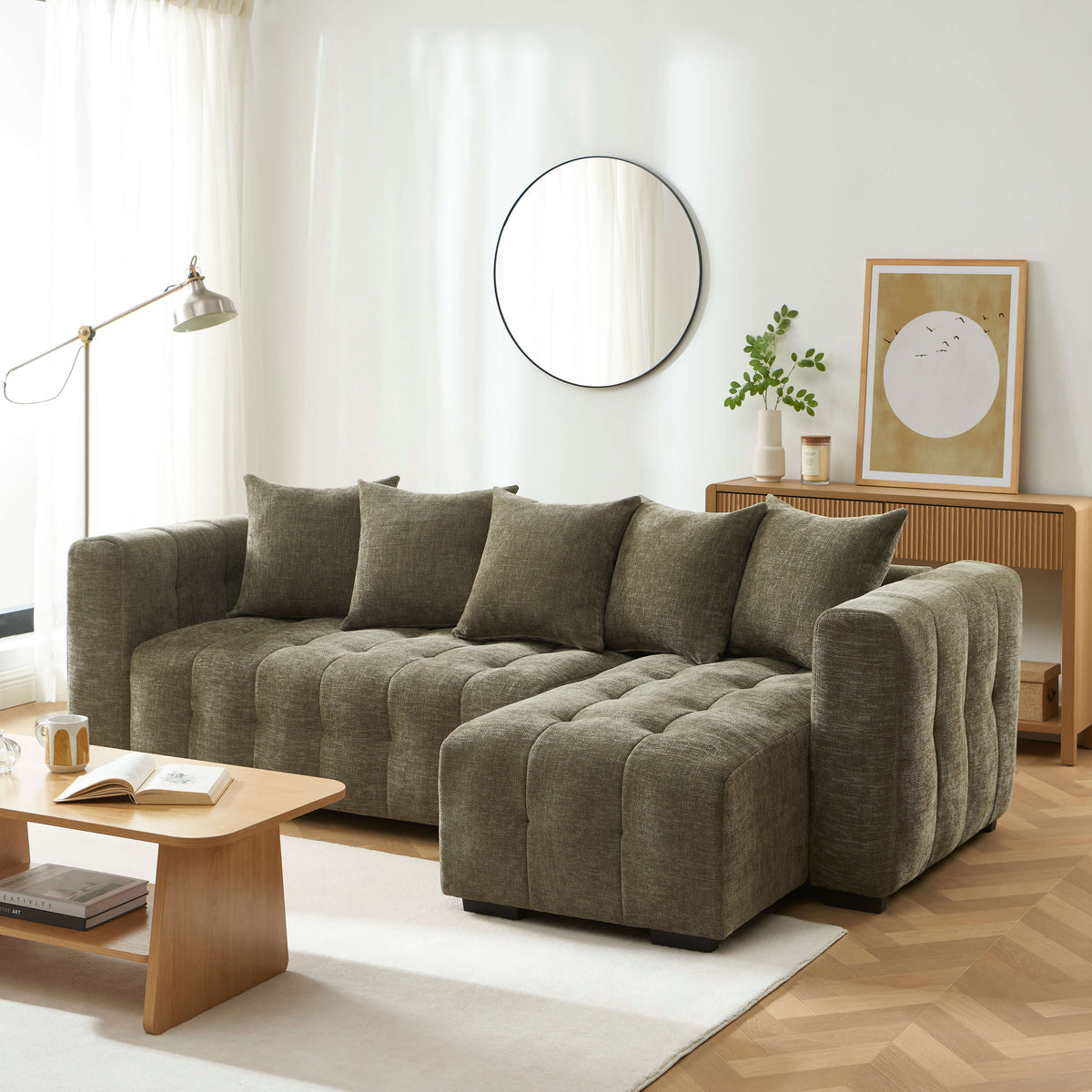 Canapé d'angle convertible et réversible 4 places tissu vert L250