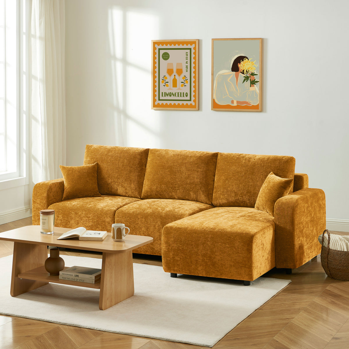 Canapé d'angle convertible et réversible 4 places tissu jaune L234