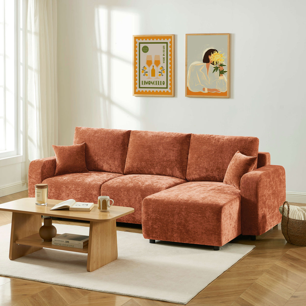 Canapé d'angle convertible et réversible 4 places tissu terracotta L234