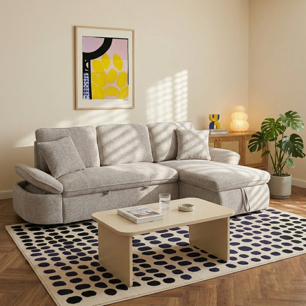 Canapé d'angle convertible et réversible 4 places tissu chenille tramé beige