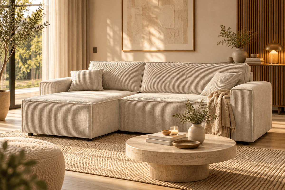 Canapé d'angle convertible et réversible 4 places velours côtelé beige L252 x P140