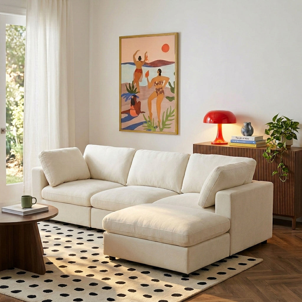 Canapé d'angle modulable 4 places tissu beige