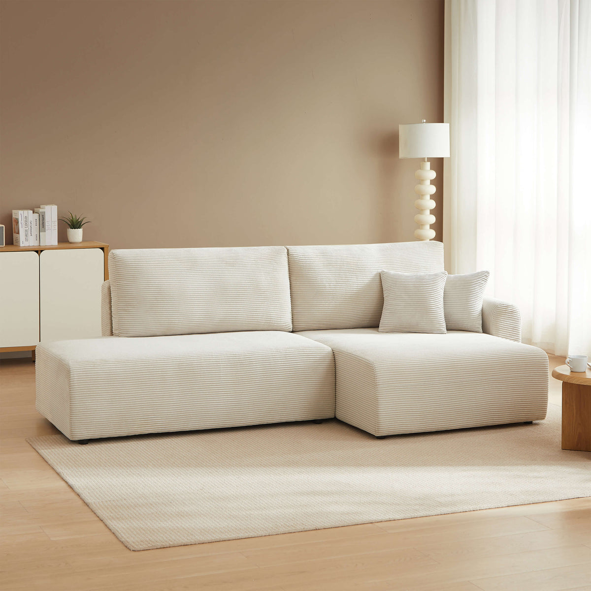 Canapé d'angle droit ouvert convertible 4 places velours côtelé beige