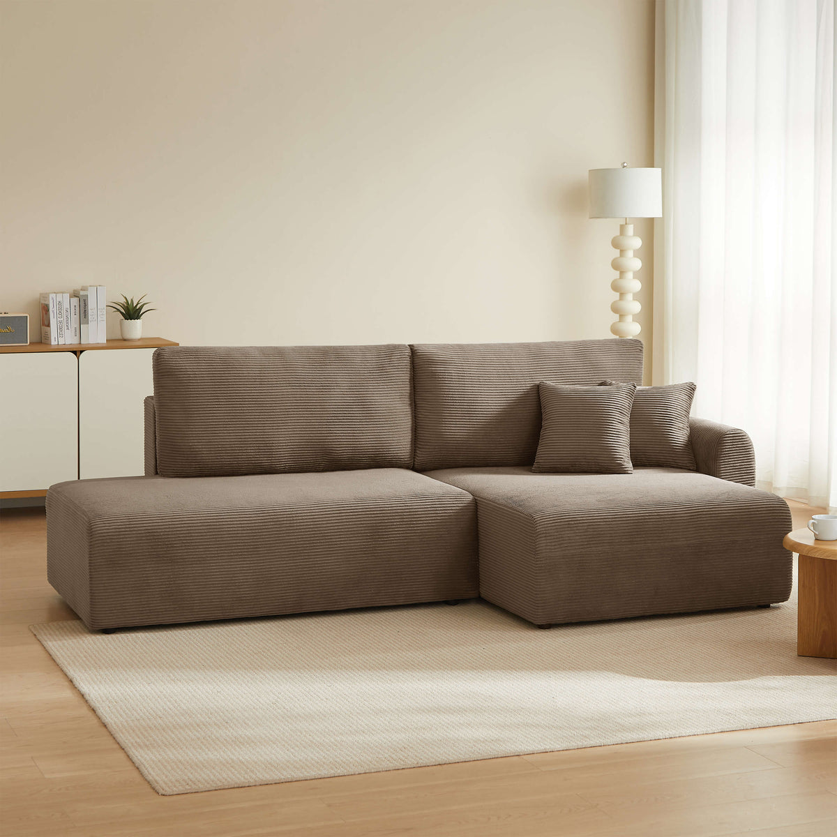 Canapé d'angle droit ouvert convertible 4 places velours côtelé taupe