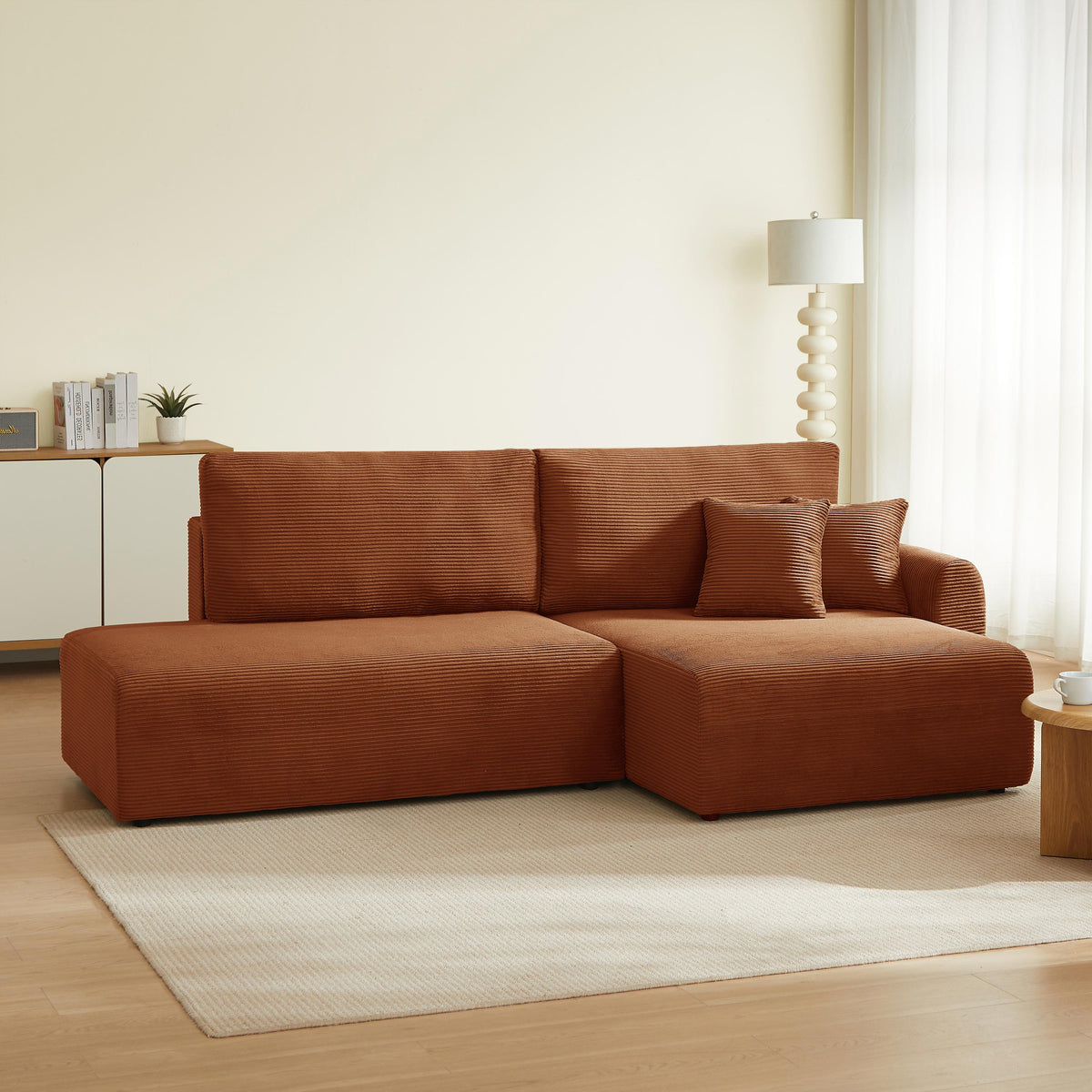 Canapé d'angle droit ouvert convertible 4 places velours côtelé terracotta
