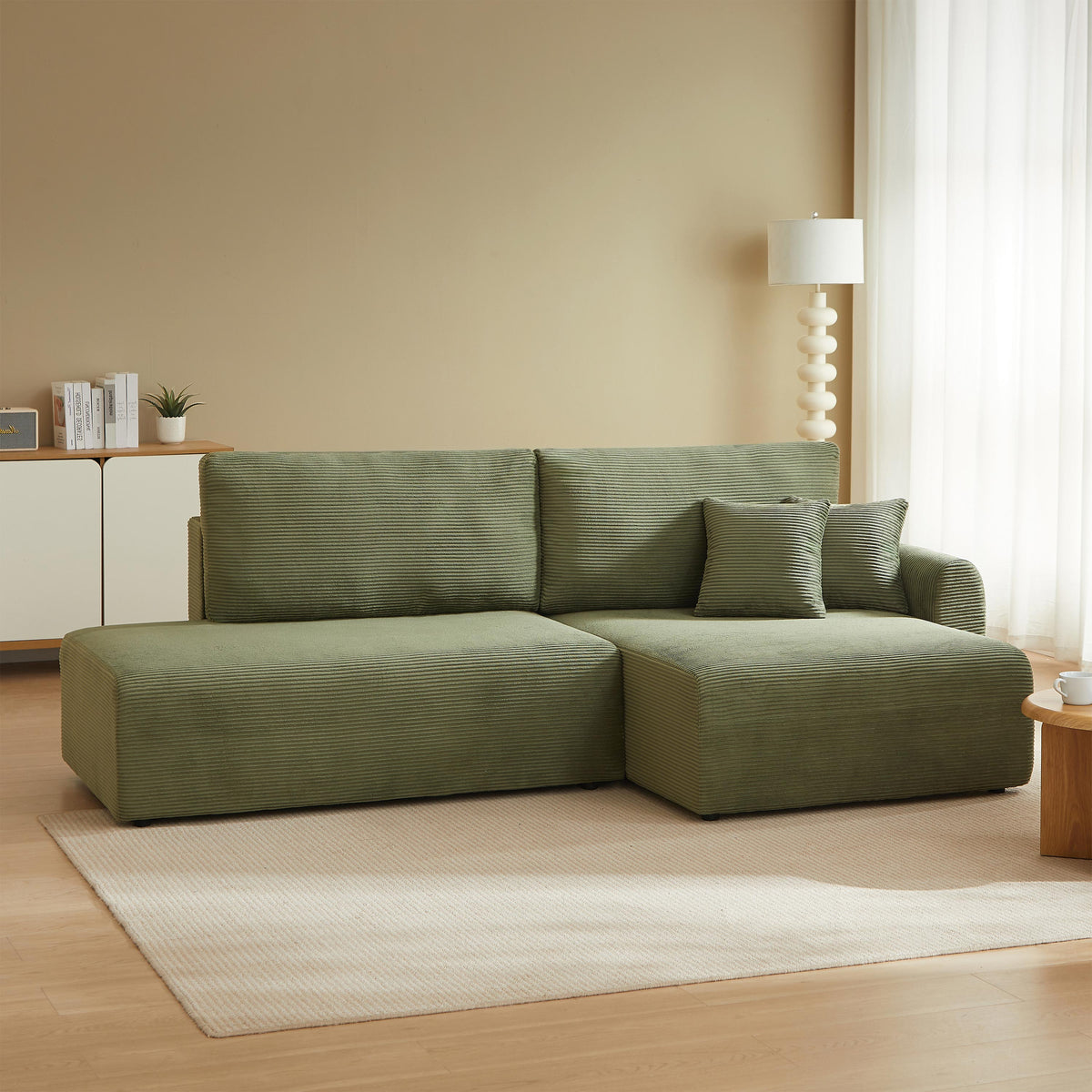 Canapé d'angle droit ouvert convertible 4 places velours côtelé vert