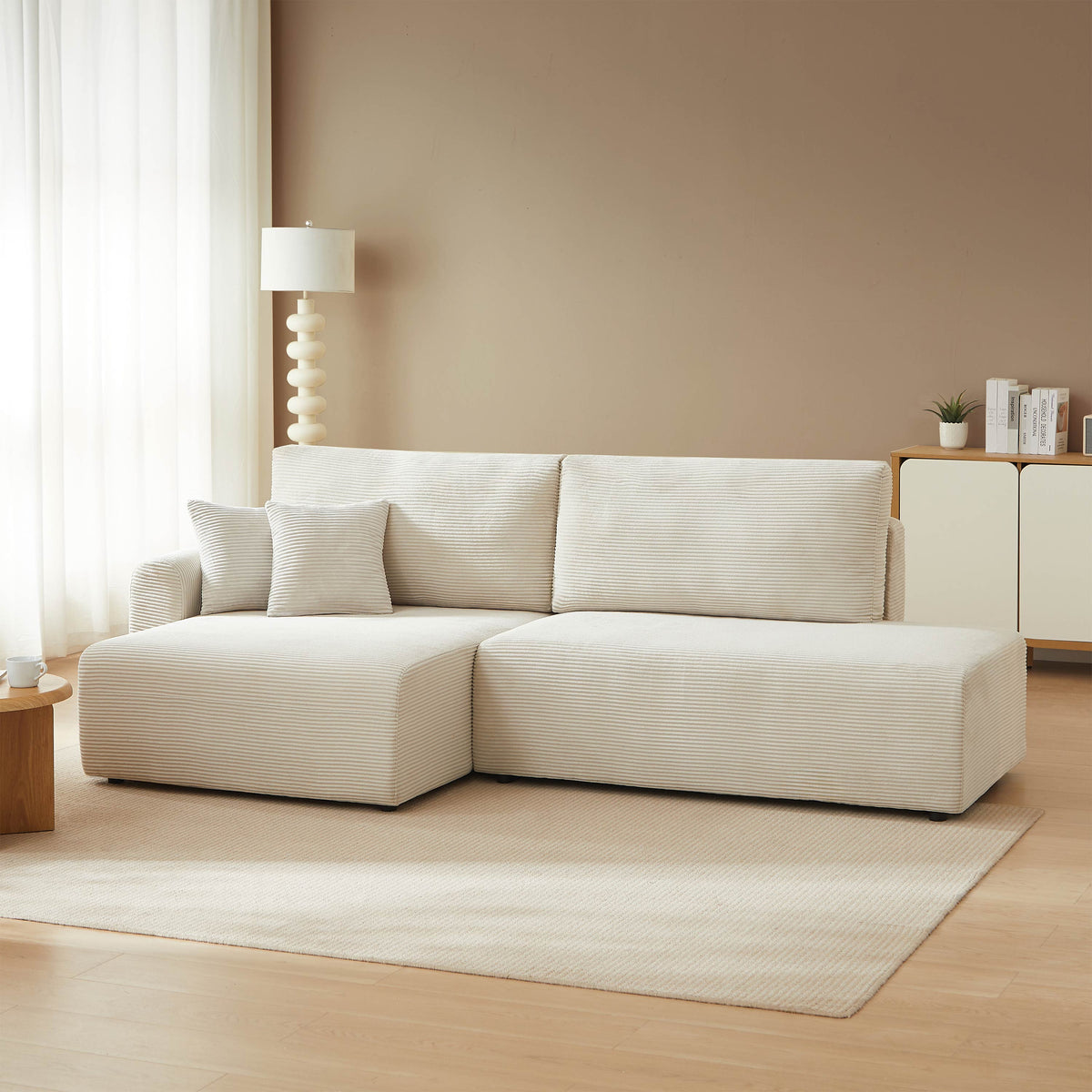 Canapé d'angle gauche ouvert convertible 4 places velours côtelé beige