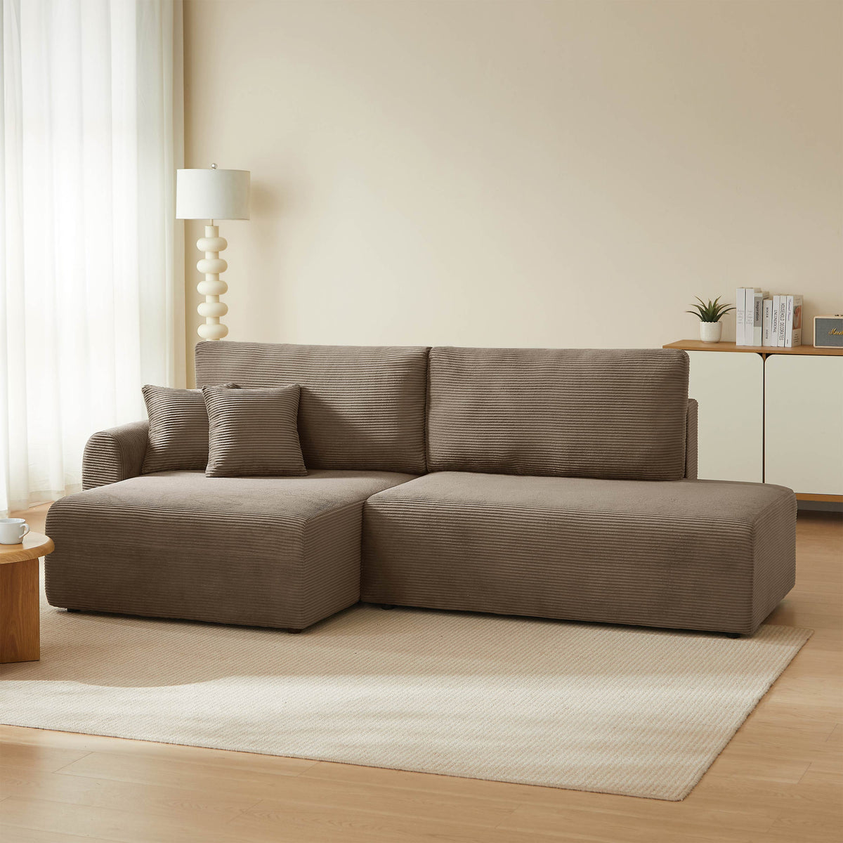 Canapé d'angle gauche ouvert convertible 4 places velours côtelé taupe