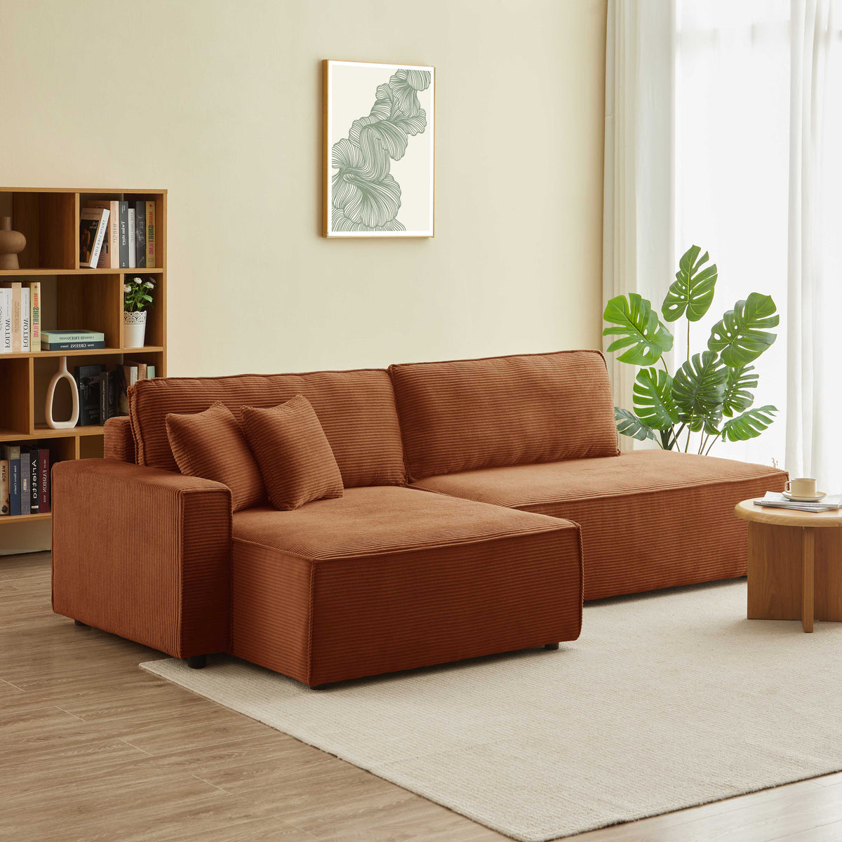 Canapé d'angle gauche ouvert convertible 4 places velours cotelé terracotta