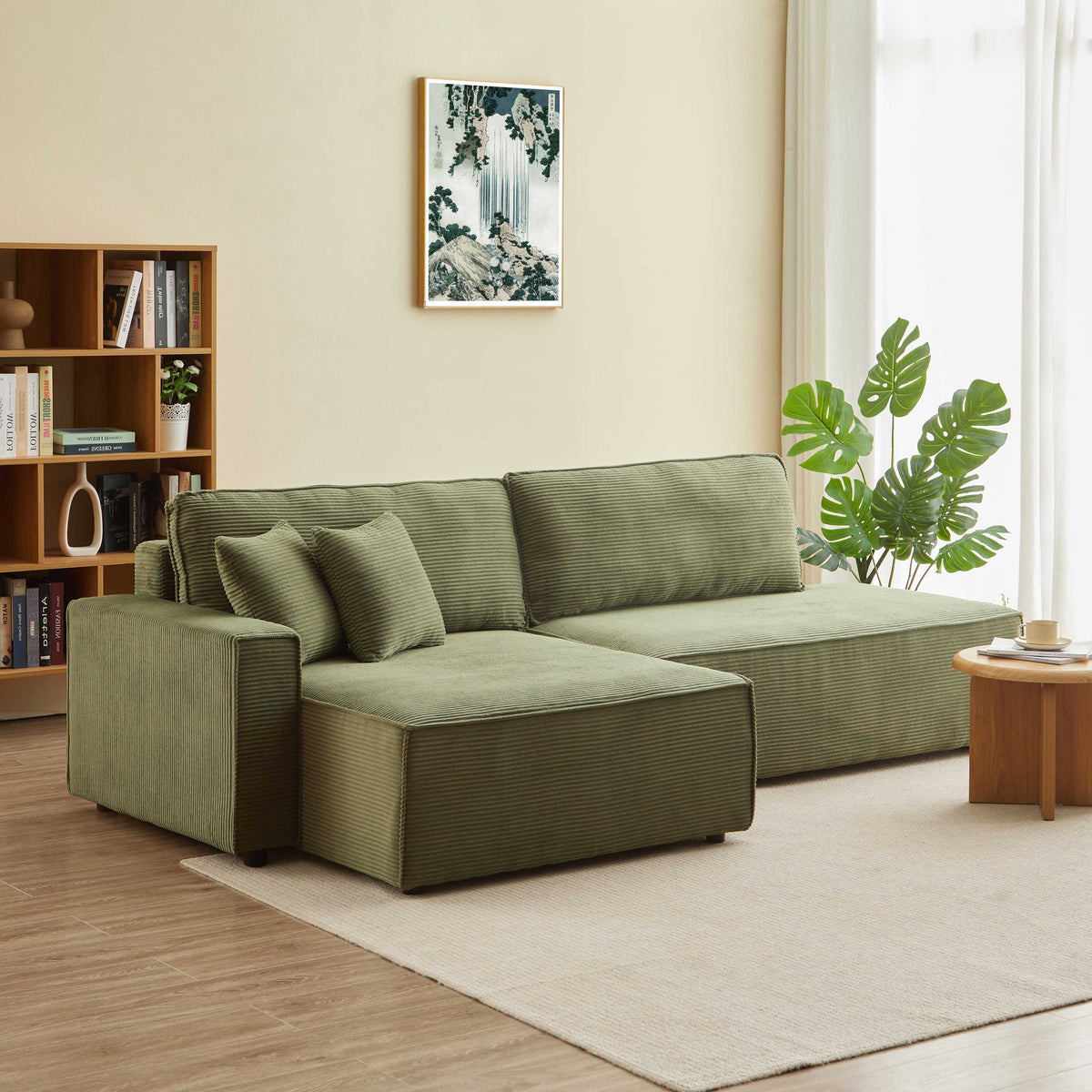 Canapé d'angle gauche ouvert convertible 4 places velours cotelé vert